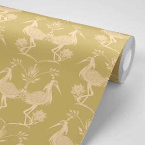 Lotus wallpaper by Tatie Lou in yellow, flat sample of lotus birds