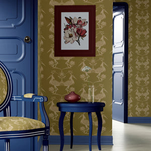 Lotus wallpaper by Tatie Lou in yellow, lotus birds in a hallway