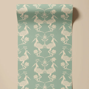 Lotus wallpaper by Tatie Lou in mint green, flat sample of lotus birds