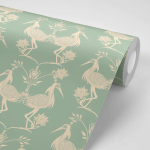 Lotus wallpaper by Tatie Lou in mint green, sample roll showing lotus birds