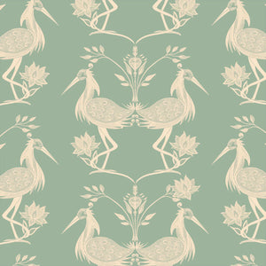 Lotus wallpaper by Tatie Lou in mint green, pattern sample of lotus birds