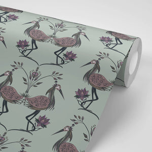 Lotus wallpaper by Tatie Lou in green, sample roll showing lotus birds