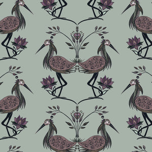 Lotus wallpaper by Tatie Lou in green, full repeat of lotus birds