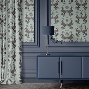 Lotus wallpaper by Tatie Lou in green, lotus birds in an entryway