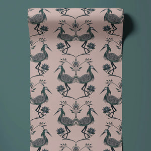 Lotus wallpaper by Tatie Lou in pink, full repeat of lotus birds