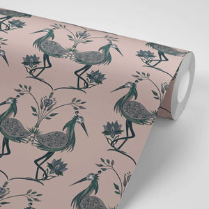 Lotus wallpaper by Tatie Lou in pink, roll showing lotus birds