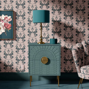 Lotus wallpaper by Tatie Lou in pink, lotus birds above a sideboard