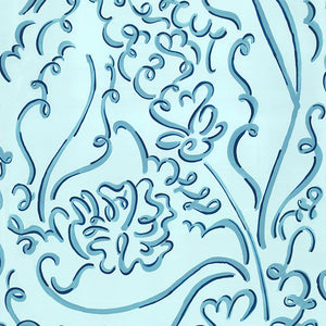 Louise linen by Claire de Quénetain in blue, full repeat of a hand-painted floral design