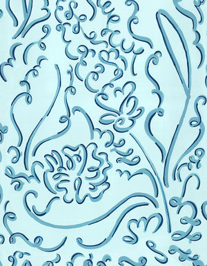 Louise linen by Claire de Quénetain in blue, full repeat of a hand-painted floral design