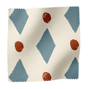 Ludo linen by Annika Reed in blue and red, full repeat of diamonds and dots