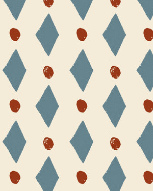Ludo linen by Annika Reed in blue and red, flat sample of diamonds and dots