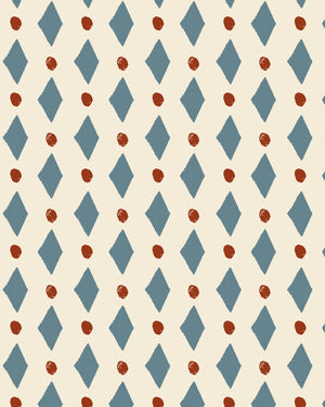 Ludo linen by Annika Reed in blue and red, pattern sample of diamonds and dots