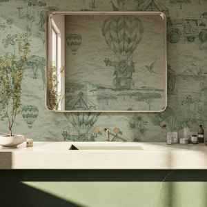 Lyons Den linen by Victoria Sanders in pink, a hot-air balloon and safari toile in a bathroom
