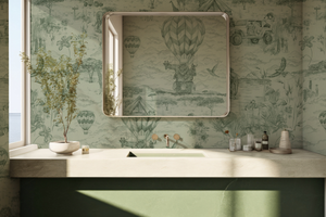 Lyons Den linen by Victoria Sanders in pink, a hot-air balloon and safari toile in a bathroom