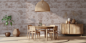 Lyons Den wallpaper by Victoria Sanders in brown, a hot-air balloon and safari toile behind a dining table