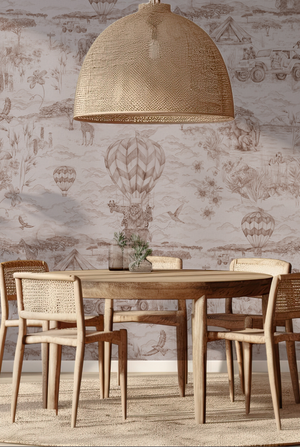 Lyons Den wallpaper by Victoria Sanders in brown, a hot-air balloon and safari toile in a dining area