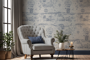 Lyons Den wallpaper by Victoria Sanders in navy, a hot-air balloon and safari toile on a living room wall