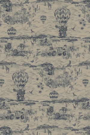 Lyons Den velvet by Victoria Sanders in navy, flat sample of a hot-air balloon and safari toile