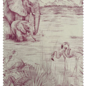 Lyons Den linen by Victoria Sanders in pink, close-up of a hot-air balloon and safari toile
