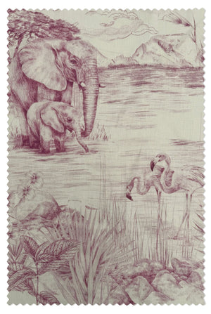 Lyons Den linen by Victoria Sanders in pink, close-up of a hot-air balloon and safari toile
