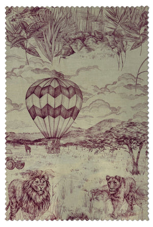 Lyons Den velvet by Victoria Sanders in pink, flat sample of a hot-air balloon and safari toile