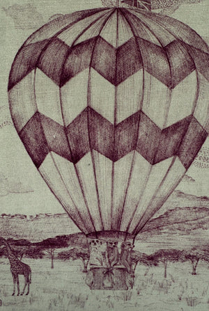 Lyons Den velvet by Victoria Sanders in pink, close-up of a hot-air balloon and safari toile