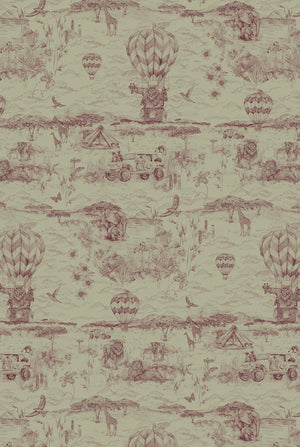 Lyons Den velvet by Victoria Sanders in pink, pattern sample of a hot-air balloon and safari toile