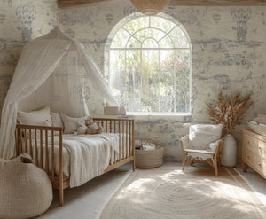 Lyons Den wallpaper by Victoria Sanders in grey, a hot-air balloon and safari toile in a child's room