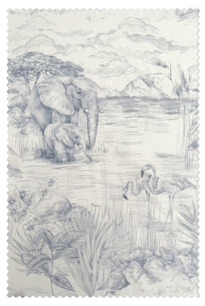 Lyons Den linen by Victoria Sanders in pale blue, flat sample of a hot-air balloon and safari toile