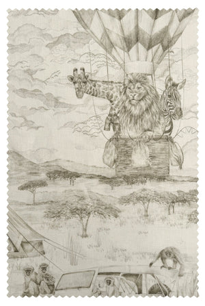 Lyons Den linen by Victoria Sanders in cream, full repeat of a hot-air balloon and safari toile