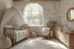 Lyons Den wallpaper by Victoria Sanders in pale pink, a hot-air balloon and safari toile in a nursery
