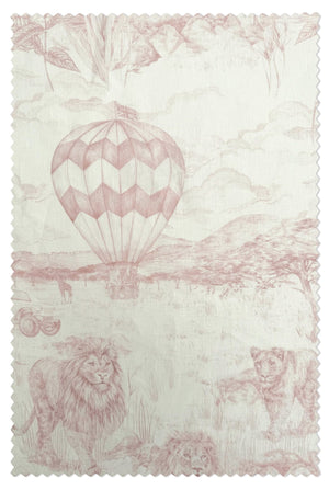 Lyons Den linen by Victoria Sanders in pale pink, flat sample of a hot-air balloon and safari toile