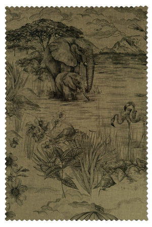 Lyons Den velvet by Victoria Sanders in brown, pattern sample of a hot-air balloon and safari toile