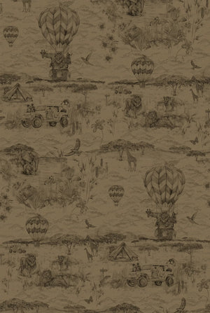 Lyons Den velvet by Victoria Sanders in brown, full repeat of a hot-air balloon and safari toile