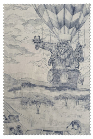 Lyons Den linen by Victoria Sanders in pale blue, pattern detail of a hot-air balloon and safari toile