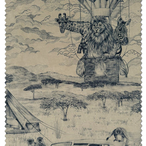Lyons Den velvet by Victoria Sanders in navy, full repeat of a hot-air balloon and safari toile