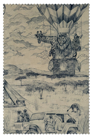 Lyons Den velvet by Victoria Sanders in navy, full repeat of a hot-air balloon and safari toile