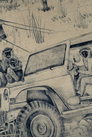 Lyons Den velvet by Victoria Sanders in navy, detail of a hot-air balloon and safari toile