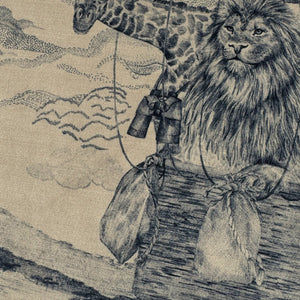 Lyons Den velvet by Victoria Sanders in navy, close-up of a hot-air balloon and safari toile