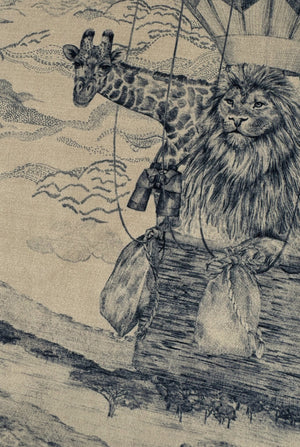 Lyons Den velvet by Victoria Sanders in navy, close-up of a hot-air balloon and safari toile