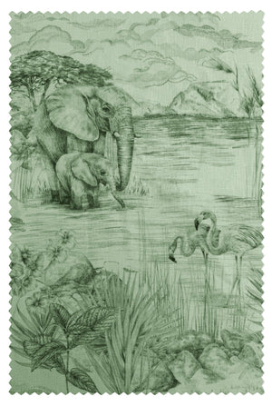 Lyons Den linen by Victoria Sanders in sage green, close-up of a hot-air balloon and safari toile