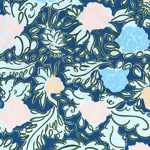 Madeleine linen by Claire de Quénetain in pink and blue, full repeat of a hand-painted floral design