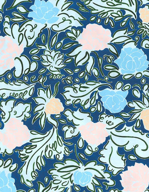 Madeleine linen by Claire de Quénetain in pink and blue, full repeat of a hand-painted floral design