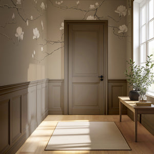 Magnolia in Blossom wallpaper by Dami and Em Design in beige, magnolia branches in a hallway