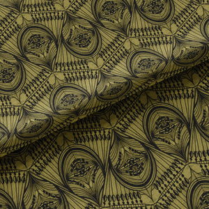 Manilva Garden velvet by Dami and Em Design in gold and green, draped, showing an art deco garden design