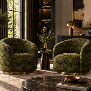 Manilva Garden velvet by Dami and Em Design in gold and green, an art deco garden design upholstered on an armchair