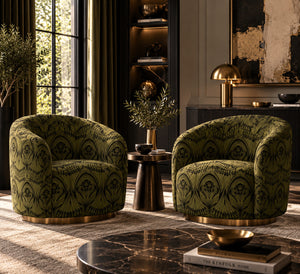Manilva Garden velvet by Dami and Em Design in gold and green, an art deco garden design upholstered on an armchair