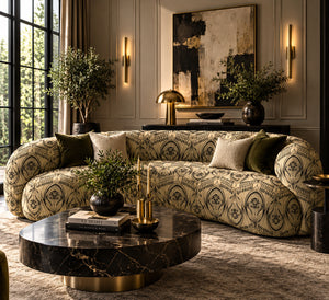 Manilva Garden velvet by Dami and Em Design in gold and green, an art deco garden design in a living room