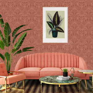 Margaux wallpaper by Tatie Lou in coral, marbled swirls in a living room