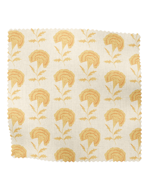 Marigold linen by Annika Reed in yellow, flat sample of marigold flowers